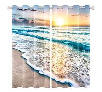 Renaiss Sea Sand Beach Window Curtains Sunset Clouds Blue Seashore Coastal Ocean Printing Window Treatment Darkening Privacy Blackout Durable Drapes for Bedroom Living Room Decor 53x63 Inch x 2 Panels