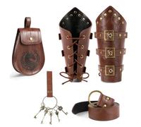 Renaissance Accessories 5 Pcs Set, Leather Belt Pouch Waist Bag Bracer Vikings Pirate Cosplay Medieval Skirt Hike Ren Faire, Brown, 5 pcs set
