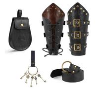 Renaissance Accessories 5 Pcs Set, Leather Belt Pouch Waist Bag Bracer Vikings Pirate Cosplay Medieval Skirt Hike Ren Faire, Black, 5 pcs set, Renaissance