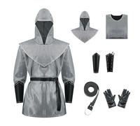 Renaissance Chain Armor Tunic Shirt Coat Medieval Knight Cowl Crusader Costume Outfit Belt Gloves Bracers Set Silver Grey L