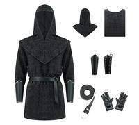 Renaissance Chain Mail Armor Tunic Shirt Coif Medieval Knight Cowl Crusader Costume Outfit Belt Gloves Bracers Set, Black, Large