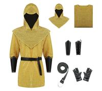 Renaissance Chain Mail Armor Tunic Shirt Coif Medieval Knight Cowl Crusader Costume Outfit Belt Gloves Bracers Set, Gold, XX-L