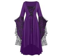Renaissance Costume For Women Halloween Party Dress Witch With Hooded Cape Waist Smocked A-Line Dresses Short Sleeve Lace-Up Flare Corset Cocktail Swing