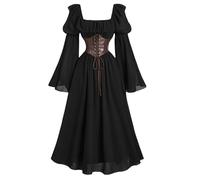 Renaissance Costume Women Chiffon PU Waist Vintage Flare Sleeve Corset A-Line Dresses Victorian Medieval Fancy Dress Halloween Carnival Festival Gothic Long Dresses Cosplay Costume for Women Black
