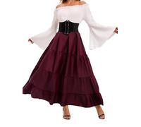 Renaissance Costume Women Medieval Dress Trumpet Sleeve Victorian with Waist Belt For Halloween Pirate Costumes (A-Burgundy, XL)