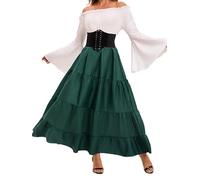 Renaissance Costume Women Medieval Dress Trumpet Sleeve Victorian with Waist Belt For Halloween Pirate Costumes (A-green, M)