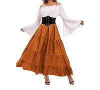 Renaissance Costume Women Medieval Dress Trumpet Sleeve Victorian with Waist Belt For Halloween Pirate Costumes (Orange, XL)