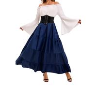 Renaissance Costume Women Medieval Dress Trumpet Sleeve Victorian with Waist Belt For Halloween Pirate Costumes (Blue, S)