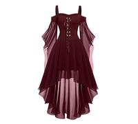 Renaissance Costume Women's Medieval Flared Sleeve Off Shoulder Chiffon Lace Up Retro Asymmetric Hem Gothic Dress Carnival Halloween Party Cosplay Palace Princess, brick red, L