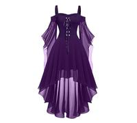 Renaissance Costume Women's Medieval Flared Sleeve Off Shoulder Chiffon Lace Up Retro Asymmetric Hem Gothic Dress Carnival Halloween Party Cosplay Palace Princess, purple, XXL