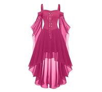 Renaissance Costume Women's Medieval Flared Sleeve Off Shoulder Chiffon Lace Up Retro Asymmetric Hem Gothic Dress Carnival Halloween Party Cosplay Palace Princess, Hot Pink, S