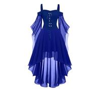 Renaissance Costume Women's Medieval Flared Sleeve Off Shoulder Chiffon Lace Up Retro Asymmetric Hem Gothic Dress Carnival Halloween Party Cosplay Palace Princess, Blue, 3XL