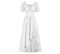 Renaissance Dress Medieval Costume Women Ruffle Drawstring Vintage Dresses for Women Victorian Irish Short Sleeve Square Neck Maxi Dresses Halloween Costums Fancy Dress for Cosplay Party White