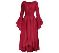 Renaissance Dress Medieval Costume Women Vintage Gothic Clothes for Women Victorian Dresses Irish Cold Shoulder Ruffle Maxi Dress with Trumpet Sleeves Steampunk Dress Halloween Costums Sale Red