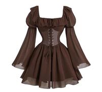 Renaissance Dress Women Square Neck Flared Long Sleeve Medieval Dresses with Corset Smocked Pirate Costumes Gothic Victorian Halloween Cottagecore Viking Costume XL Brown