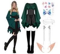 Renaissance Elf Costume, 6PCS Women Medieval Traditional Irish Dress, Victorian Cosplay Dress with Tattoo Stickers, Elf Ears, Hair Accessories, Overknee Socks for Halloween Costume Cosplay (L)