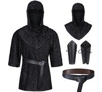 Renaissance Faux Chain Mail Armor Tunic Shirt Coif Medieval Knight Cowl Crusader Costume Outfit Bracers Waist Belt Set, Black, S
