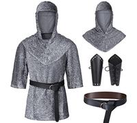 Renaissance Faux Chain Mail Armor Tunic Shirt Coif Medieval Knight Cowl Crusader Costume Outfit Bracers Waist Belt Set, Silver Gray, Medium