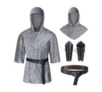 Renaissance Faux Chain Mail Armor Tunic Shirt Coif Medieval Knight Cowl Crusader Costume Outfit Bracers Waist Belt Set Mens Medieval Fancy Dress Costume Fashion Silver