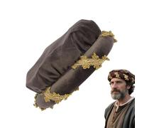 Renaissance Hat, Padded Gold Trim Velvet, Roll Brim Medieval Bonnet, Men Women Holiday Halloween Party Masquerade Balls Stage Show