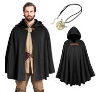 Renaissance Hooded Cloak Cape Retro Medieval Viking Robe with Necklace Halloween Cosplay Costume for Adult, Black, 100cm(39.4in)