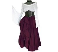 Renaissance Medieval Costume Vitorian Lace up Ball Gown Halloween Masquerade Party Costume Long Dresses 2pcs Set (18# Purple, L)