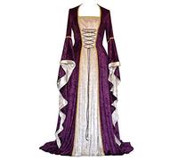 Renaissance Medieval Marie Antoinette Ball Gown Victorian Lace Up Flare Sleeve Long Gown Halloween Party Costume, 17-purple, L