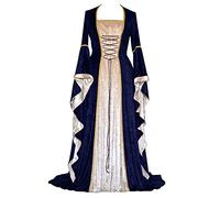 Renaissance Medieval Marie Antoinette Ball Gown Victorian Lace Up Flare Sleeve Long Gown Halloween Party Costume, 17-blue, L