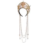 Renaissance Medieval Tudor Queen Headpiece for Women Anne Boleyn Headband Elizabethan Royal Coronet Hood Tiara Hat (White-1)