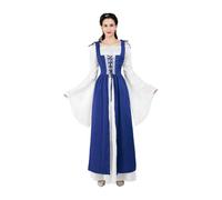 Renaissance Medieval Vintage Boho Long Sleeves Dress Women Patchwork Lace Up Over Two Pieces Retro Gown Plus Size(6504blue,XS)