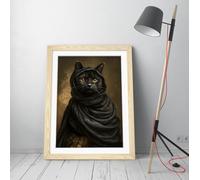 Renaissance Painting, Hijabi Black Cat Stunning Framed Wall Art Print Picture - A3 - Light Oak Frame