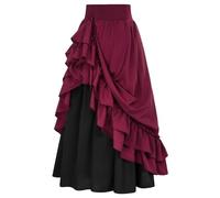 Renaissance Women's Gothic Patchwork Ruffle Layered Swing Skirt - Stretch High Waist A-Line Midi Steampunk Retro Victorian Tiered Skirt