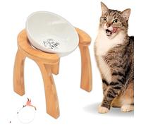 Rênasci Ceramic Cat Bowl Bamboo Pet Food Adjustable Angle Suitable (Meow Rainbow)