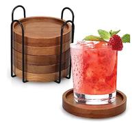Renawe 6 Pcs Acacia Wood Coasters with Holder, Round, Natural, Modern Coffee Table Coasters for Drink, Absorbent, Giftable