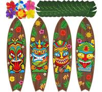Renbuzhu Luau Party Decorations Set: 4pcs Tiki Bar Surfboard Wall Decor with 12pcs Palm Leaves & 6pcs Hibiscus Flowers, Beach Hawaiian Tropical Aloha Signs