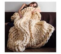 RenDiuJups Large Chunky Knit Blanket Wool Handmade Cozy Warm Throw, Modern Boho Bedroom Home Decor Giant Yarn Farmhouse Style Decor, Handcrafted Wool Decor(Beige,60x60cm/23.6x23.6)