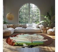 Rene Magritte Surreal Round Area Rugs for Living Room 135cm Bird Nest Eggs Blossom Tree Circle Washable Rug Green Earthy Brown Large Soft Non Slip Carpet Stain Resistant for Dining Room Farmhouse