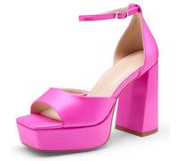 ReneChristine Women's Sandals Peep Toe:Chunky Heels Pumps Ankle Buckle Strap Platform Heels 4.7" High Heeled Evening Party Wedding Dress Shoes, Rose Red, 3 UK