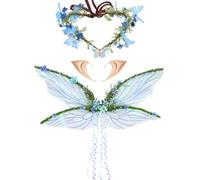 RENEMEGO Blue Fairy Wings Set - 3PCS Elf Ears Butterfly Flower Crown Elven Wings with Leaves Mother Nature Costume for Adults Women Renaissance Renfaire Woodland Halloween Cosplay Accessories