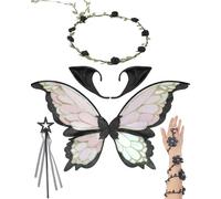 RENEMEGO Fairy Wings Costume Set - 5 PCS Flower Crown Elf Ears Butterfly Wings Flower Arm Wrap Elven Wand Halloween Costume, Black, One Size