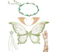 RENEMEGO Green Fairy Wings Costume Set - 5 PCS Flower Crown Elf Ears Butterfly Wings Flower Arm Wrap Elven Wand Halloween Renaissance Fantasy Woodland Photoshoot Cosplay Party Accessories