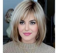 RENERSHOW Blonde Highlight Short Pixie Bob Wig with Bangs Straight Ombre Blonde Synthetic Wig with Dark Roots Layered Blonde Wigs for Women