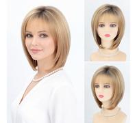 RENERSHOW Blonde Highlight Short Pixie Bob Wig with Bangs Straight Ombre Blonde Synthetic Wig with Dark Roots Layered Blonde Wigs for Women