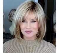 RENERSHOW Blonde Highlight Short Pixie Bob Wig with Bangs Straight Ombre Blonde Synthetic Wig with Dark Roots Layered Blonde Wigs for Women