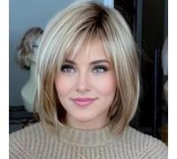 RENERSHOW Bob Wig Blonde Layered for Women White with Bangs Short Straight Synthetic Ombre Blonde Highlighted Bobo Natural Haircuts Daily Wear