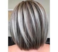 RENERSHOW Medium Length Bob Wig with Bangs for White Women Layered Blonde Balayage Bob Straight Hair Natural Synthetic Hair Replacement Wig Ombre Platinum with Brown Wig