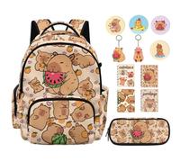 Renewold 12 Pcs School Supplies Kit Kids Backpack Set Primary Middle Girls Adjustable Strap School Bag with Pencil Case Notebooks Badges Keychains for Camping Picnic Sport Cute Capybara Watermelon