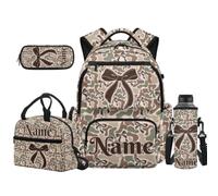 Renewold 4 Pcs Girls Backpack Set Add Your Name Custom Camo Bow School Bag Large Bookbag with Lunch Box Water Bottle Sleeve Pencil Case, Multiple Compartments Backpack for Elementary Middle School