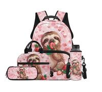 Renewold 4 PCS Kids Backpack Set Lightweight Large Capacity School Bag with Insulated Lunch Bag Pencil Case Water Bottle Sleeve Cute Sloth Strawberry Adjustable Padded Straps for Girls School Sports