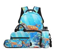 Renewold 4 Pcs Kids Backpack Set Lightweight Large School Bag with Lunch Box Pencil Case Water Bottle Sleeve Adjustable Padded Straps Bookbag Backpack for Ages 4-14 School Travel Sea Turtle